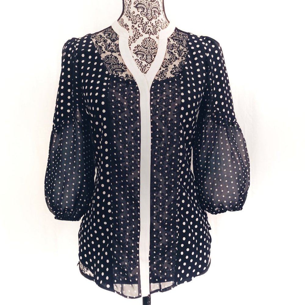 Lauren Conrad Blouse Polka Dot Chiffon And Netting Button Front Top XS